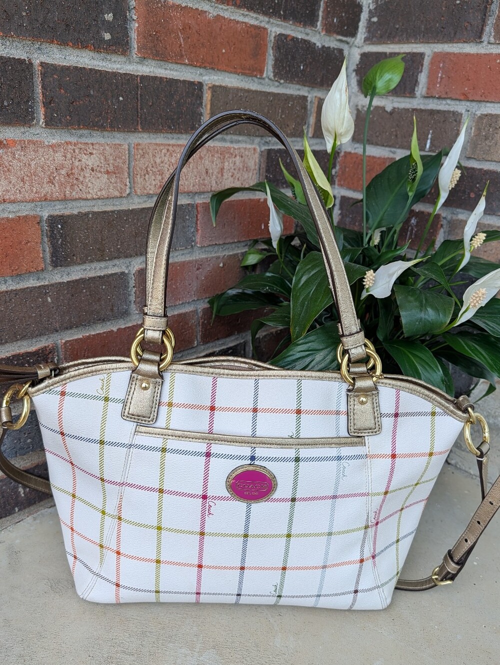 🍒 Vintage Y2K Coach Peyton Tattersall Leather Adjustable Crossbody Tote Bag